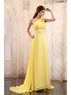 Chiffon One-Shoulder Chapel Train A-line Evening Dress with Sequins and Ruffle