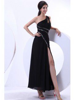 Chiffon One-Shoulder Ankle-Length A-line Evening Dress with Sequins and Ruffle