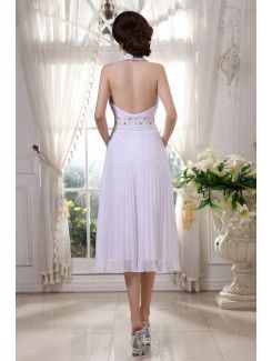 Chiffon Halter Knee-Length Column Evening Dress with Beading and Ruffle