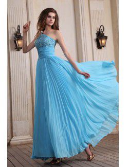 Chiffon One-Shoulder Floor Length Column Evening Dress with Sequins and Ruffle