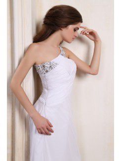 Chiffon One-Shoulder Ankle-Length Column Evening Dress with Sequins and Ruffle
