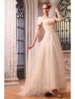 Chiffon Bateau Floor Length A-line Evening Dress with Embroidered and Short Sleeve