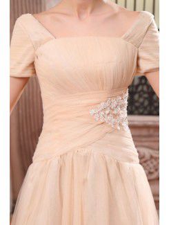 Chiffon Bateau Floor Length A-line Evening Dress with Embroidered and Short Sleeve