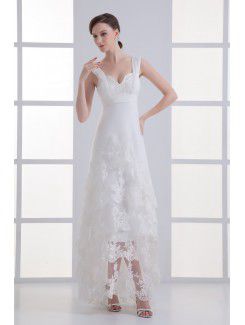Satin et bretelles net cheville-longueur robe de mariée brodée d'une ligne