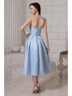 Satin Strapless Tea-Length A-Line Cocktail Dress with Ruffle