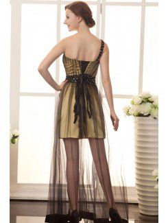 Satin and Grenadine One-Shoulder Floor Length A-Line Cocktail Dress with Sequins