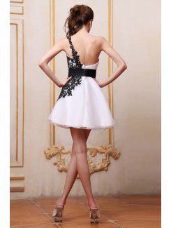 Satin and Organza One-Shoulder Short Column Cocktail Dress with Embroidered