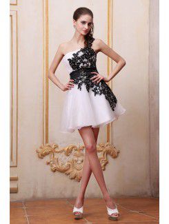 Satin and Organza One-Shoulder Short Column Cocktail Dress with Embroidered