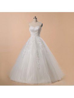 Net and Satin Strapless Sweep Train Ball Gown Wedding Dress with Beading