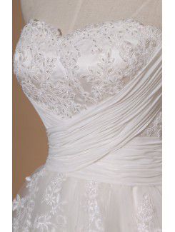Net and Satin Strapless Sweep Train Ball Gown Wedding Dress with Beading