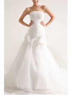 Organza Strapless Sweep Train Mermaid Wedding Dress with Pearls