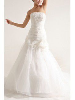 Organza Strapless Sweep Train Mermaid Wedding Dress with Pearls