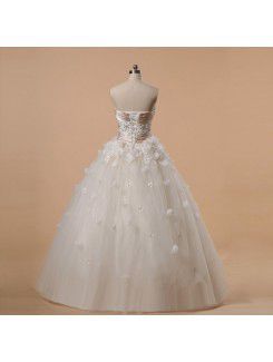 Net and Satin Strapless Chapel Train Ball Gown Wedding Dress with Crystal