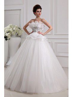 Net and Organza Strapless Floor Length Ball Gown Wedding Dress with Crystal