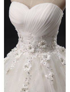 Organza Strapless Floor Length Ball Gown Wedding Dress with Handmade Flowers