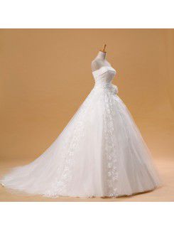 Net and Satin Strapless Chapel Train Ball Gown Wedding Dress with Handmade Flowers