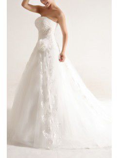 Net and Satin Strapless Chapel Train Ball Gown Wedding Dress with Handmade Flowers