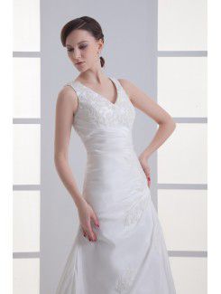 Satin V-Neckline A-line Sweep Train Embroidered Wedding Dress