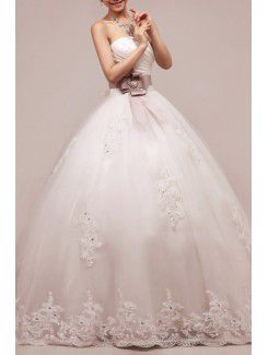 Net and Satin Strapless Floor Length Ball Gown Wedding Dress with Sequins