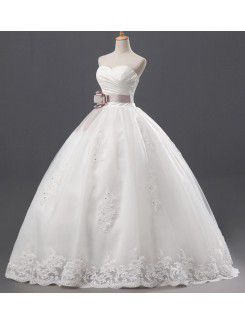 Net and Satin Strapless Floor Length Ball Gown Wedding Dress with Sequins