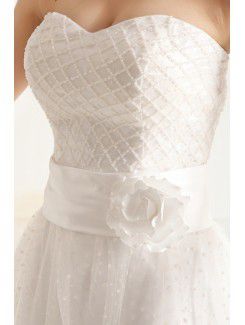 Net and Satin Strapless Floor Length A-line Wedding Dress with Pearls