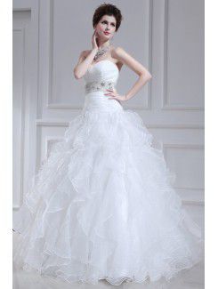 Organza strapless chão comprimento bola vestido de casamento vestido com cristal