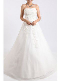 Net and Satin Strapless Chapel Train Ball Gown Wedding Dress with Crystal