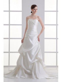 Satin Strapless A-line Sweep Train Gathered Ruched Wedding Dress