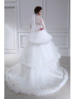 Organza Strapless Chapel Train Ball Gown Wedding Dress with Pearls