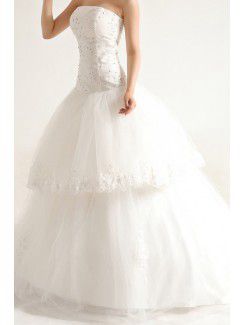 Lace Strapless Sweep Train Ball Gown Wedding Dress with Crystal