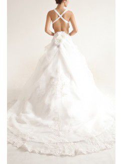 Organza Strapless Cathedral Train Ball Gown Wedding Dress with Sequins