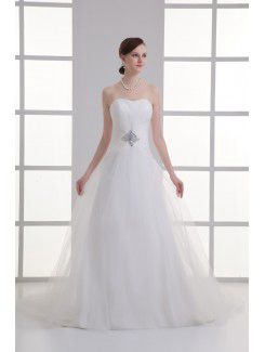 Атласа и чистая милая-line длина пола вышитые свадебное платье