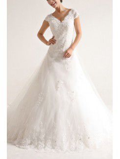 Organza V-neck Chapel Train A-line Wedding Dress with Sequins