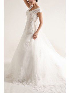 Organza V-neck Chapel Train A-line Wedding Dress with Sequins