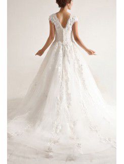 Net and Satin Straps Chapel Train A-line Wedding Dress with Sequins