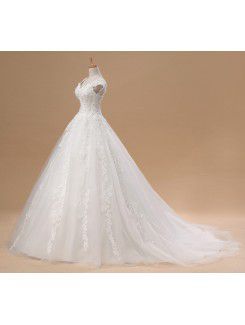 Net and Satin Straps Chapel Train A-line Wedding Dress with Sequins