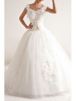 Organza Scoop Cathedral Train Ball Gown Wedding Dress with Pearls