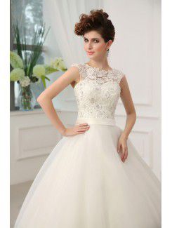 Lace Jewel Floor Length Ball Gown Wedding Dress with Crystal