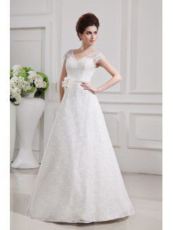 Lace V-neck Floor Length A-line Wedding Dress with Handmade Flowers
