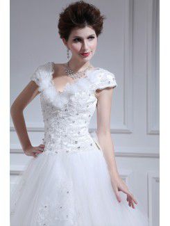 Organza V-neck Floor Length Ball Gown Wedding Dress with Pearls
