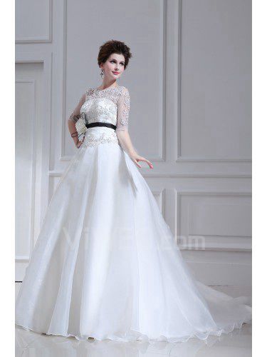 Lace Strapless Chapel Train Ball Gown Wedding Dress with Sequins