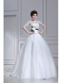 Lace Strapless Chapel Train Ball Gown Wedding Dress with Sequins