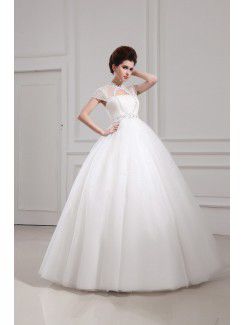 Net and Satin Jewel Floor Length Ball Gown Wedding Dress with Crystal