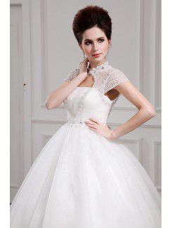 Net and Satin Jewel Floor Length Ball Gown Wedding Dress with Crystal