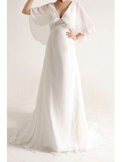 Chiffon V-neck Chapel Train A-line Wedding Dress with Pearls