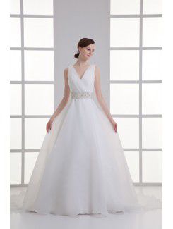 Organza V-Neckline A-line Floor Length Sash Wedding Dress