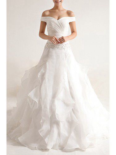 Organza Off-the-Shoulder Chapel Train Ball Gown Wedding Dress with Sequins