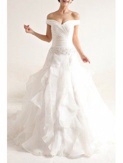 Organza Off-the-Shoulder Chapel Train Ball Gown Wedding Dress with Sequins