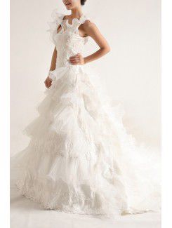 Lace V-neck Chapel Train Ball Gown Wedding Dress with Handmade Flowers