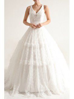 Lace V-neck Sweep Train Ball Gown Wedding Dress